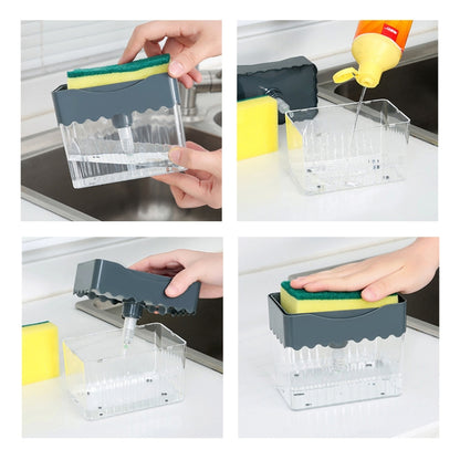 Cleaning Cloth Dishwashing Brush Liquid Box Kitchen Brush Detergent Mixer Press Plastic Soap Box, Dark Blue, White, Dark Gray