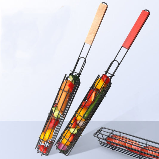 2 PCS Hot Dog Barbecue Cage Sausage Barbecue Clip Barbecue Clip Mesh Wooden Handle Barbecue Mesh Rack
