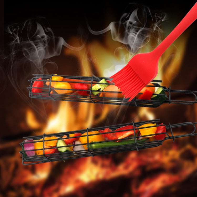 2 PCS Hot Dog Barbecue Cage Sausage Barbecue Clip Barbecue Clip Mesh Wooden Handle Barbecue Mesh Rack