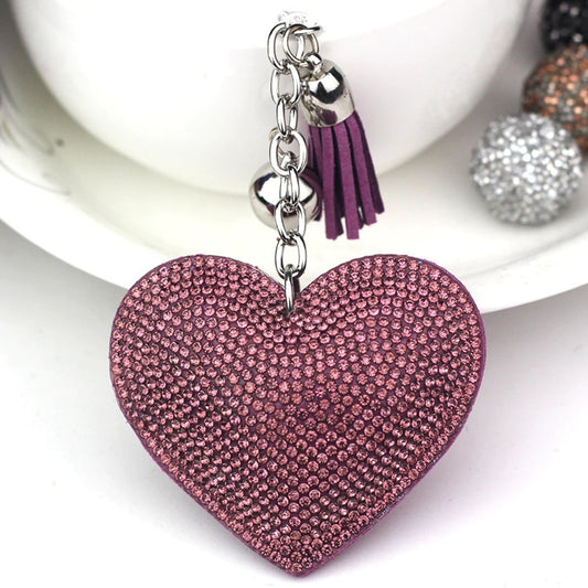Heart Keychain Leather Tassel Gold Key Holder Metal Crystal Key Chain Keyring Charm Bag Auto Pendant Gift, purple, green, dark blue, lake blue, silver white, watermelon red, light blue, orange, black white, magenta, black gray, yellow, light red, red