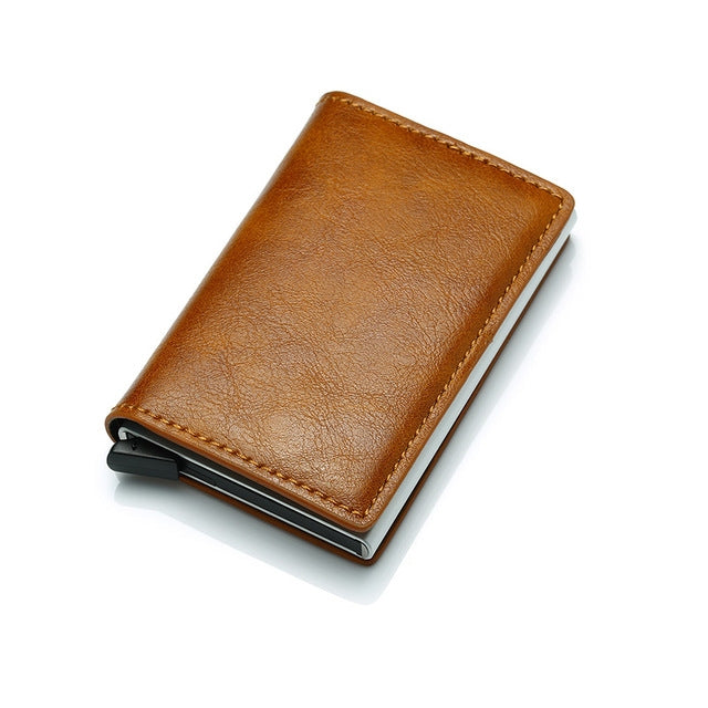 Automatic Elastic Card Type Anti-magnetic RFID Anti-theft Retro Card Package Universal Leather Metal Wallet