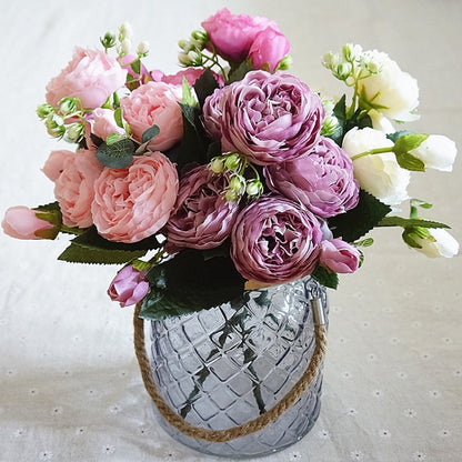 Beautiful Rose Peony Artificial Silk Flowers Small Bouquet Fores Home Party Spring Wedding Decoration Fake Flower