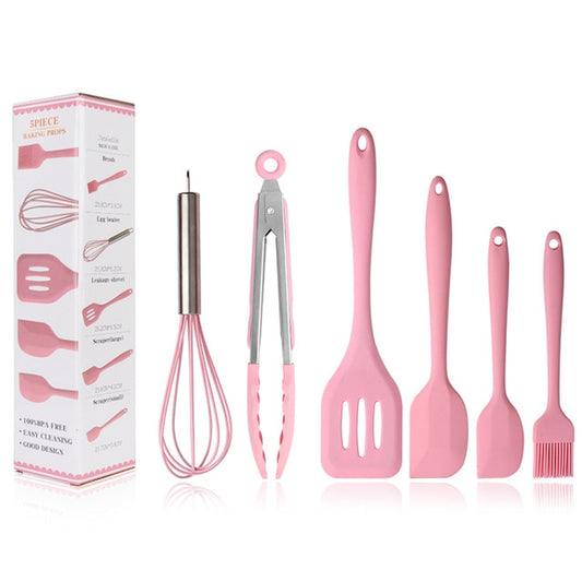 6 in 1 Silicone Kitchenware Slotted Spatula Scraper Egg Beater Brush Food Clip Set, 6 in 1 Pink, 6 in 1 Green, 6 in 1 Red
