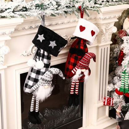 Hanging Feet Faceless Doll Christmas Socks Christmas Decoration Gift Bag, Red And Black Grid, Black And White Grid
