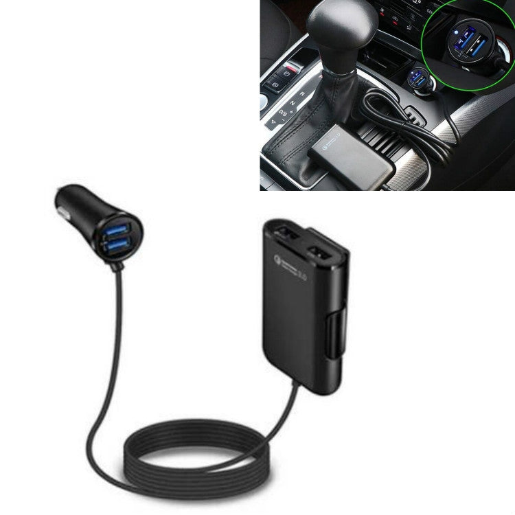 شاحن سيارة One For Four 8A QC3.0 سريع الشحن 4 منافذ USB شاحن سيارة للمقعد الأمامي والخلفي، قطعة واحدة + أسود