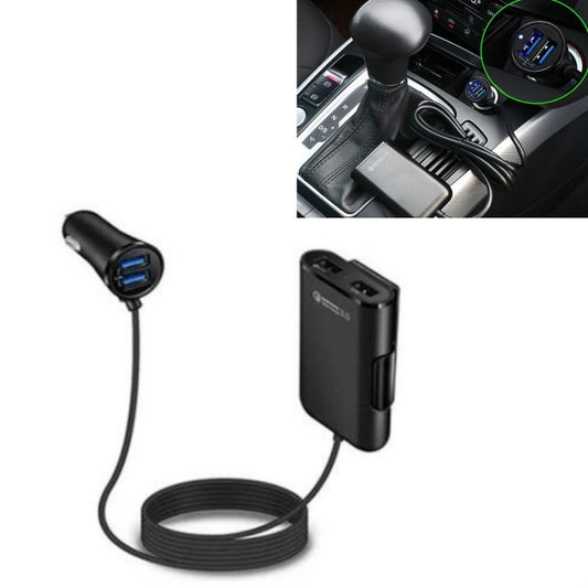 شاحن سيارة One For Four 8A QC3.0 سريع الشحن 4 منافذ USB شاحن سيارة للمقعد الأمامي والخلفي، قطعة واحدة + أسود