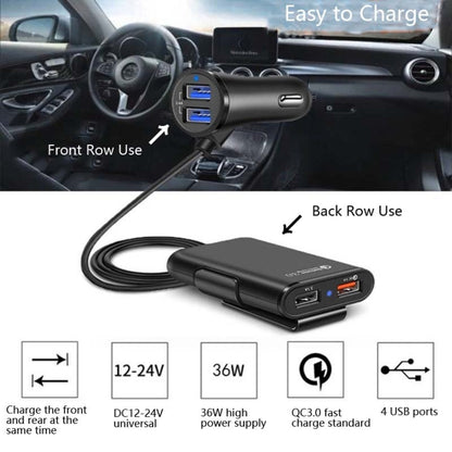 شاحن سيارة One For Four 8A QC3.0 سريع الشحن 4 منافذ USB شاحن سيارة للمقعد الأمامي والخلفي، قطعة واحدة + أسود