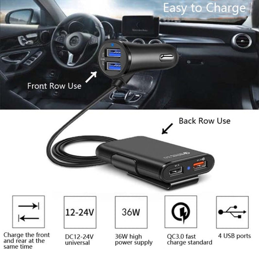 شاحن سيارة One For Four 8A QC3.0 سريع الشحن 4 منافذ USB شاحن سيارة للمقعد الأمامي والخلفي، قطعة واحدة + أسود