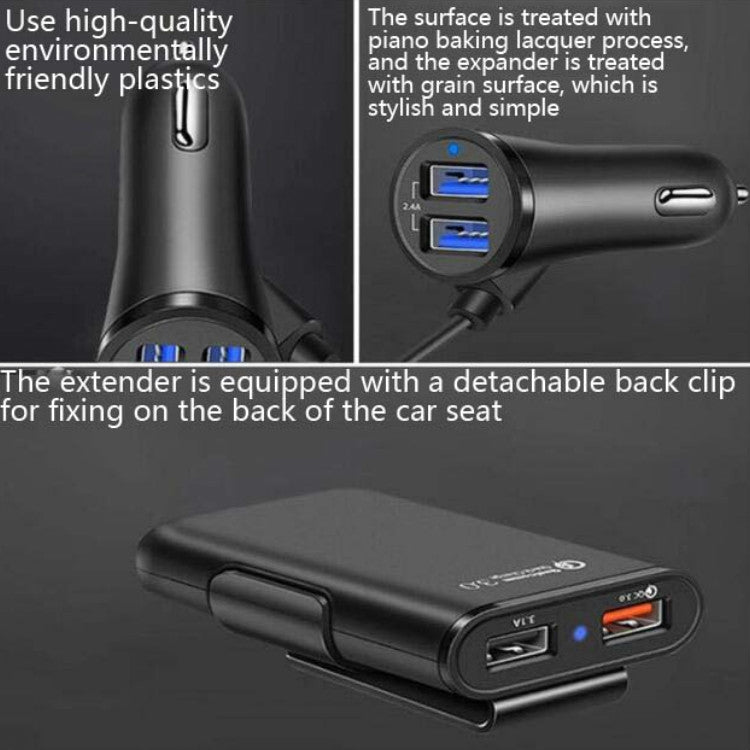 شاحن سيارة One For Four 8A QC3.0 سريع الشحن 4 منافذ USB شاحن سيارة للمقعد الأمامي والخلفي، قطعة واحدة + أسود