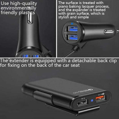 شاحن سيارة One For Four 8A QC3.0 سريع الشحن 4 منافذ USB شاحن سيارة للمقعد الأمامي والخلفي، قطعة واحدة + أسود