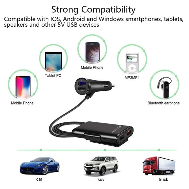 شاحن سيارة One For Four 8A QC3.0 سريع الشحن 4 منافذ USB شاحن سيارة للمقعد الأمامي والخلفي، قطعة واحدة + أسود