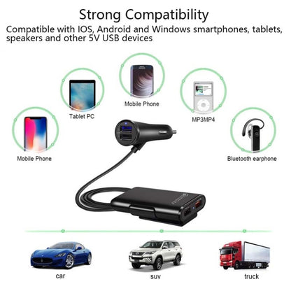 شاحن سيارة One For Four 8A QC3.0 سريع الشحن 4 منافذ USB شاحن سيارة للمقعد الأمامي والخلفي، قطعة واحدة + أسود
