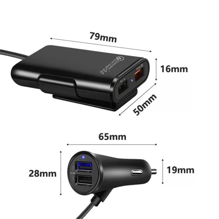 شاحن سيارة One For Four 8A QC3.0 سريع الشحن 4 منافذ USB شاحن سيارة للمقعد الأمامي والخلفي، قطعة واحدة + أسود