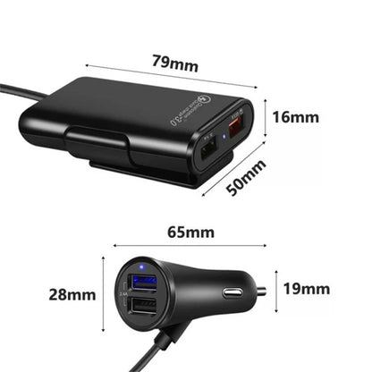 شاحن سيارة One For Four 8A QC3.0 سريع الشحن 4 منافذ USB شاحن سيارة للمقعد الأمامي والخلفي، قطعة واحدة + أسود