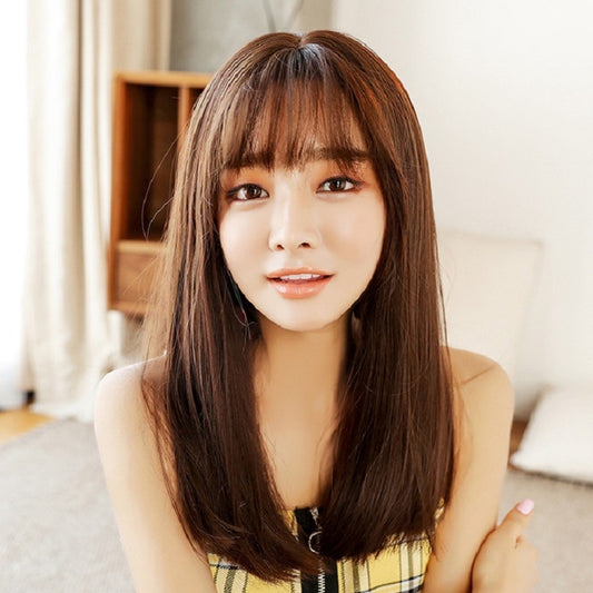 Realistic Long Straight Hair Wig Synthetic Fiber Headgear For Women