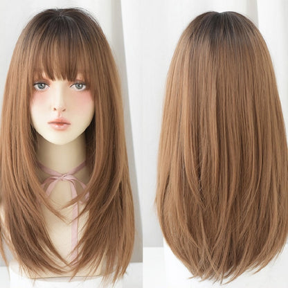 Ladies Long Straight Hair Air Bangs Wig Hair Set, Honey Tea, Cool Brown, Black Brown