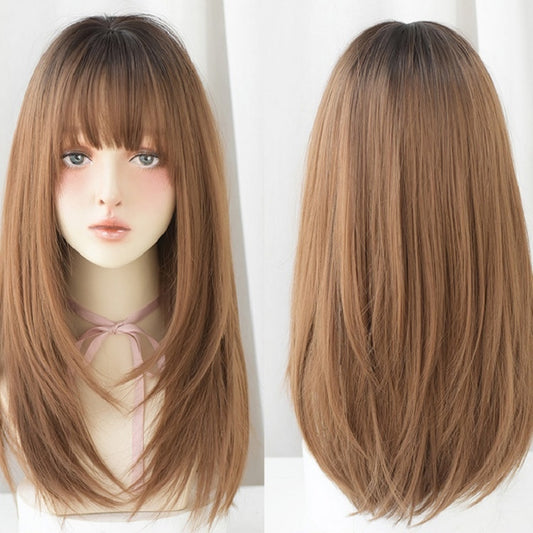 Ladies Long Straight Hair Air Bangs Wig Hair Set, Honey Tea, Cool Brown, Black Brown