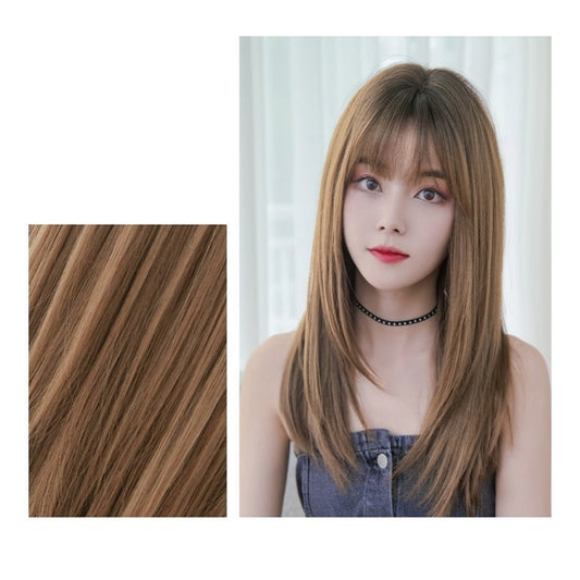Ladies Long Straight Hair Air Bangs Wig Hair Set, Honey Tea, Cool Brown, Black Brown