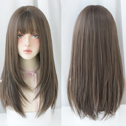 Ladies Long Straight Hair Air Bangs Wig Hair Set, Honey Tea, Cool Brown, Black Brown
