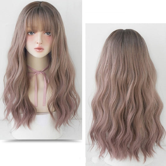 Ladies Long Hair Slightly Curly Wig Natural Fluffy Hair Cover, Gradient Soot Pink, Cool Brown, Dark Brown