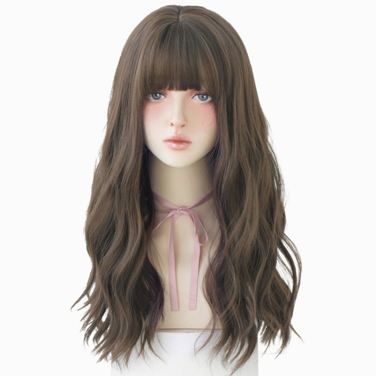 Ladies Long Hair Slightly Curly Wig Natural Fluffy Hair Cover, Gradient Soot Pink, Cool Brown, Dark Brown