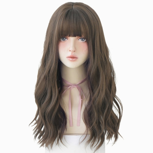 Ladies Long Hair Slightly Curly Wig Natural Fluffy Hair Cover, Gradient Soot Pink, Cool Brown, Dark Brown