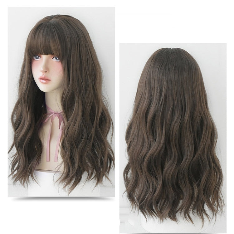 Ladies Long Hair Slightly Curly Wig Natural Fluffy Hair Cover, Gradient Soot Pink, Cool Brown, Dark Brown