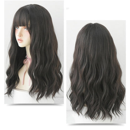 Ladies Long Hair Slightly Curly Wig Natural Fluffy Hair Cover, Gradient Soot Pink, Cool Brown, Dark Brown