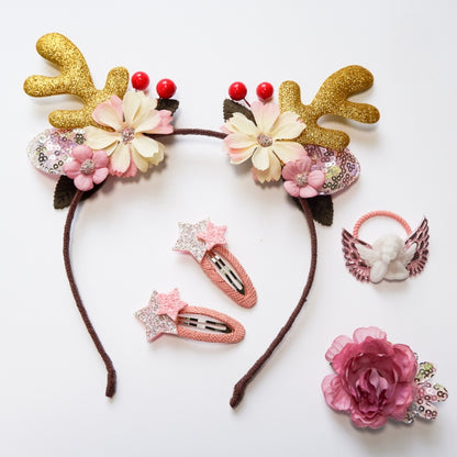 Christmas Hair Accessories Antlers Headband And Little Angel Hairpin Hair Band Combination Set, Pink, Grey