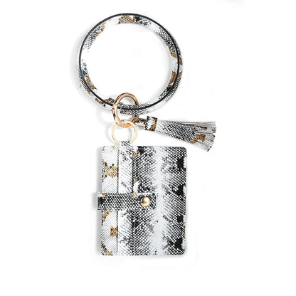 Wrist Ring PU Leather Card Case Key Chain Coin Purse, Coffee Leopard, White Leopard, Black, White Snake, Black Snake