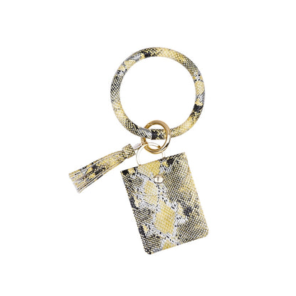 Wrist Keychain Coin Purse PU Leather Snake Print Bracelet Card Case, White, Yellow, Green, Red, Black