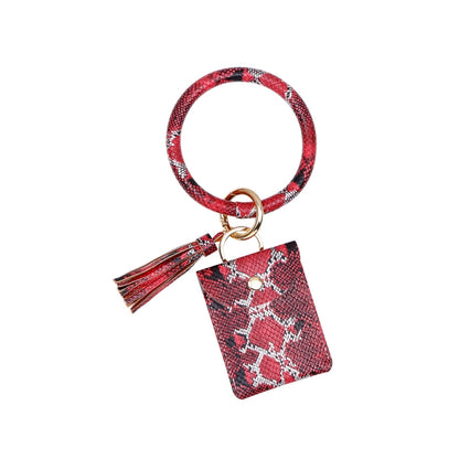 Wrist Keychain Coin Purse PU Leather Snake Print Bracelet Card Case, White, Yellow, Green, Red, Black