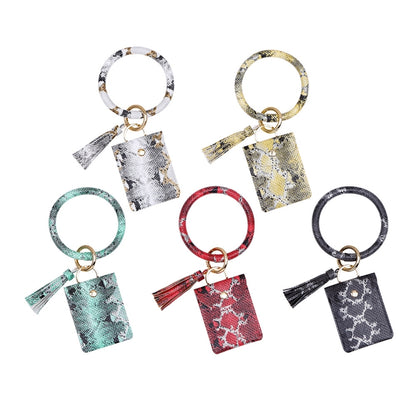 Wrist Keychain Coin Purse PU Leather Snake Print Bracelet Card Case, White, Yellow, Green, Red, Black
