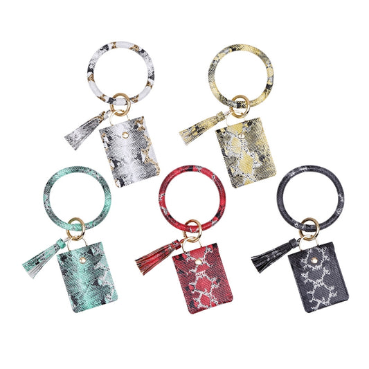 Wrist Keychain Coin Purse PU Leather Snake Print Bracelet Card Case, White, Yellow, Green, Red, Black