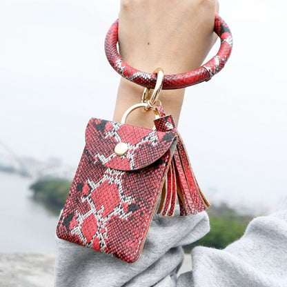 Wrist Keychain Coin Purse PU Leather Snake Print Bracelet Card Case, White, Yellow, Green, Red, Black