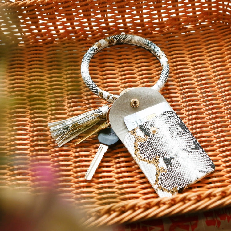 Wrist Keychain Coin Purse PU Leather Snake Print Bracelet Card Case, White, Yellow, Green, Red, Black