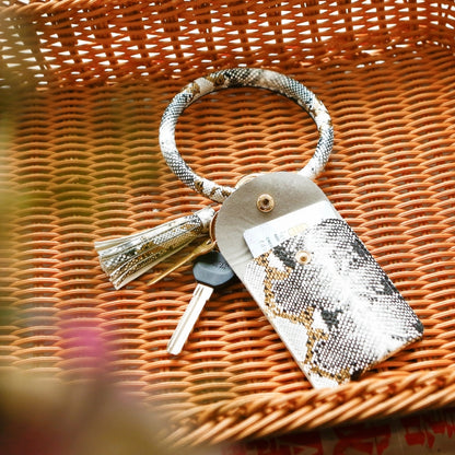 Wrist Keychain Coin Purse PU Leather Snake Print Bracelet Card Case, White, Yellow, Green, Red, Black