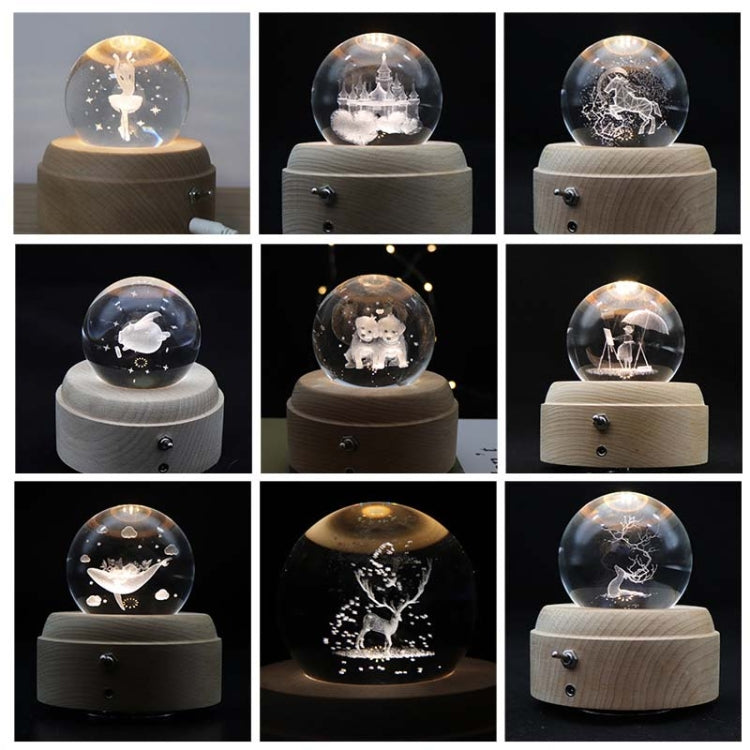 Girl Bedside Lamp Crystal Ball Wooden Base Music Box Charging Glow Rotating Night Light, Random Music, Ballet, Castle, Unicorn, Flying Pig, Dogs, Drawing Girl, Whale, Deer, Deer Head, Cat, Mermaid, Dandelion, Balloon Bear, Christmas Tree, Double Pig���...
