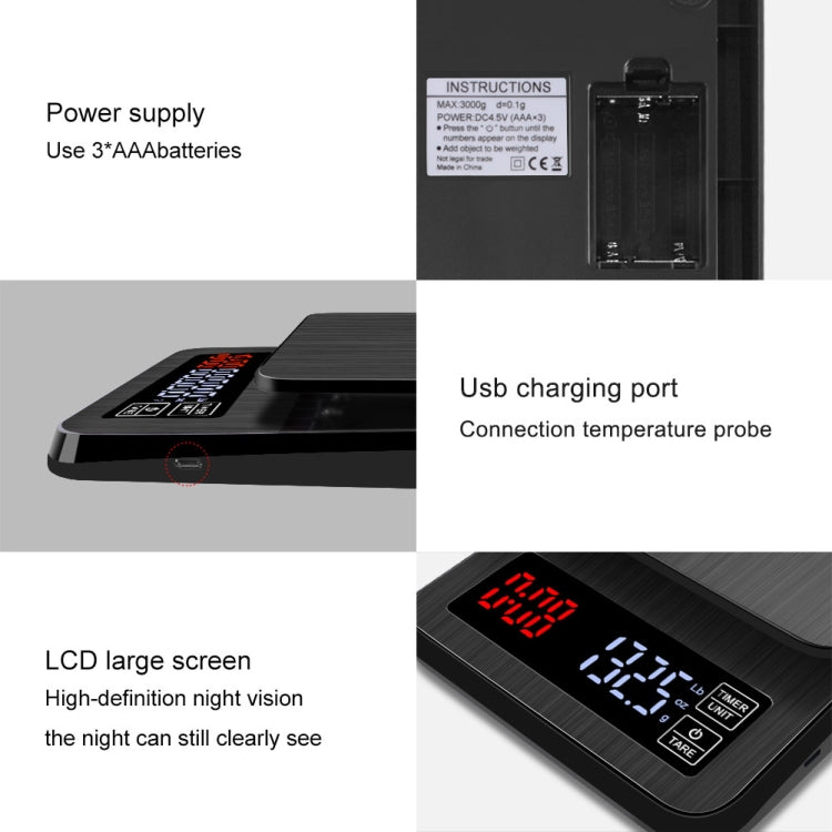 ميزان قهوة منزلي يعمل يدويًا، ميزان مطبخ ذكي مزود بمنفذ USB مع توقيت، 3 كجم/0.1 جم، 5 كجم/0.1 جم، 10 كجم/1 جم