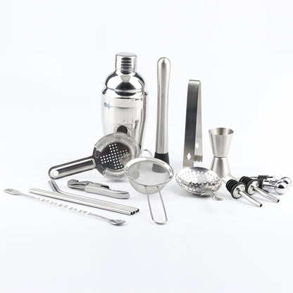 18 in 1 Stainless Steel Cocktail Shaker Set, Oval Bamboo Base, Bar Tool Set, 350ml, 550ml, 750ml