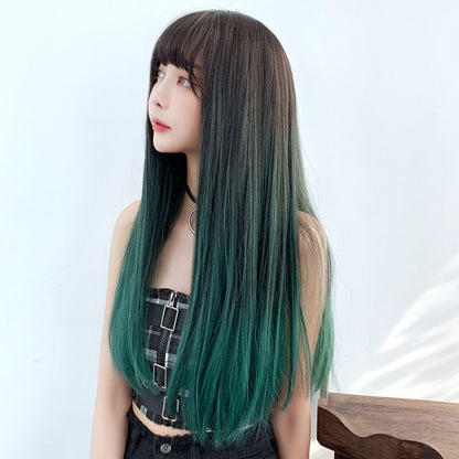 Gradient Color Long Straight Hair Wig Female Chemical Fiber Headgear Simulation Hair, Malachite Green Gradient 65CM, Milk Tea Gradient 65CM, Haze Purple Gradient 65CM