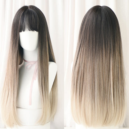 Gradient Color Long Straight Hair Wig Female Chemical Fiber Headgear Simulation Hair, Malachite Green Gradient 65CM, Milk Tea Gradient 65CM, Haze Purple Gradient 65CM