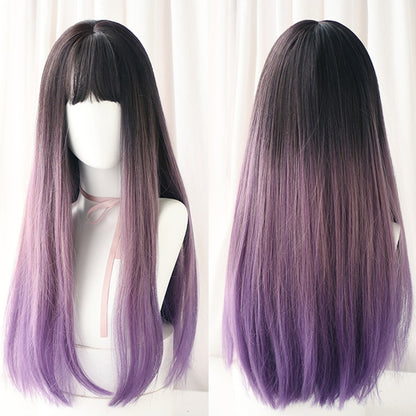 Gradient Color Long Straight Hair Wig Female Chemical Fiber Headgear Simulation Hair, Malachite Green Gradient 65CM, Milk Tea Gradient 65CM, Haze Purple Gradient 65CM