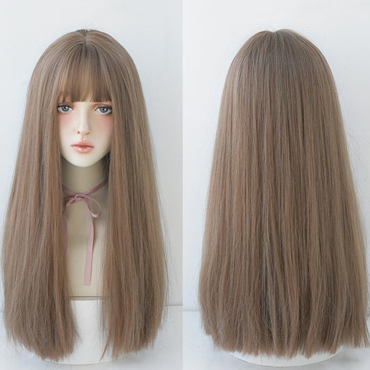 Wig Female Long Hair Full Headgear Straight Hair Natural Air Bangs Full Top Wig, Honey Tea Linen 58CM, Cool Brown 58CM, Black Tea Color 58CM