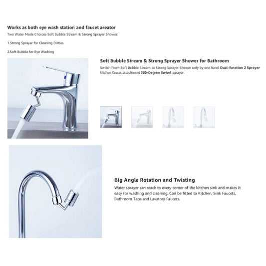 720-Degree Universal Rotating Faucet Anti-Splash Spout Filter Dual-Function Faucet, Two Sections