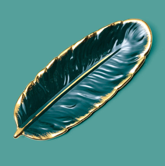 Phnom Penh Ceramic Dessert Plate Feather Plate Banana Leaf Fruit Dried Fruit Storage Tray, Size:, Large （Bright Emerald), Small (Bright Emerald), Large (Bright Peach Pink), Small (Bright Peach Pink), Large (Matt Black), Small (Matte  Black)������������...