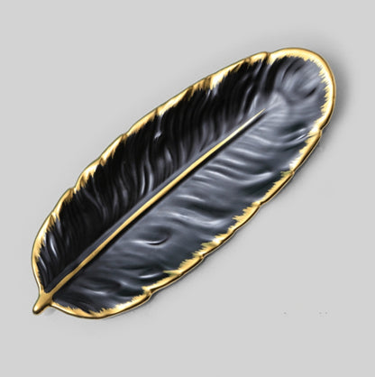 Phnom Penh Ceramic Dessert Plate Feather Plate Banana Leaf Fruit Dried Fruit Storage Tray, Size:, Large （Bright Emerald), Small (Bright Emerald), Large (Bright Peach Pink), Small (Bright Peach Pink), Large (Matt Black), Small (Matte  Black)������������...