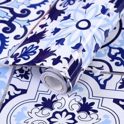 Kitchen Anti-Smoke Tile Wall Stickers Stove Wallpaper, Purple Vine, Blossoming Flowers, Blue Ans White Porcelain