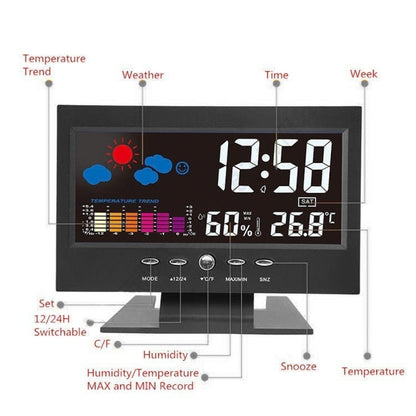 ساعة توقعات الطقس 8082T شاشة LED ملونة تقويم دائم درجة الحرارة والرطوبة التحكم الصوتي الذكي ساعة منبه إلكترونية، المواصفات: أسود، أسود + USB