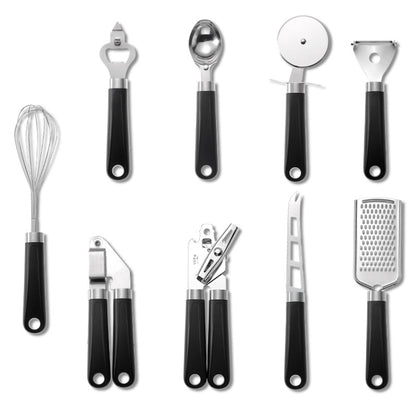 9 in 1 Plastic Handle Stainless Steel Kitchen Utensils Household Gadget Set, Cyan, Black
